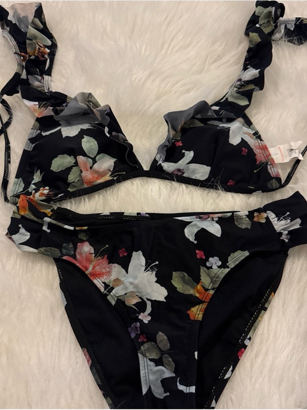 Floral Ruffle Black Women's Bikini Set